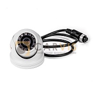 Антивандальная AHD камера CARVIS MC-404IR видеонаблюдения с инфракрасной подсветкой, с множеством светодиодов вокруг объектива, в белом корпусе с прикрепленным черным кабелем и круглым соединителем для монтажа и подключения к питанию.