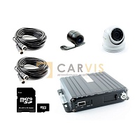 Комплект системы видеонаблюдения CARVIS для автомобиля, включающий в себя черный видеорегистратор CARVIS MD-444SD Lite в металлическом корпусе, две видеокамеры — купольную и миниатюрную - AHD камера CARVIS MC-301, AHD камера CARVIS MC-324IR, два кабеля для подключения, а также адаптер microSD to SD и карту памяти microSD
