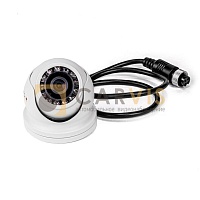 Антивандальная AHD камера CARVIS MC-424IR видеонаблюдения с инфракрасной подсветкой, с множеством светодиодов вокруг объектива, в белом корпусе с прикрепленным черным кабелем и круглым соединителем для монтажа и подключения к питанию.