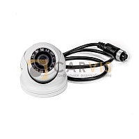 Антивандальная AHD камера CARVIS MC-324IR видеонаблюдения с инфракрасной подсветкой, с множеством светодиодов вокруг объектива, в белом корпусе с прикрепленным черным кабелем и круглым соединителем для монтажа и подключения к питанию.
